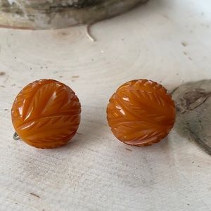 Vintage- 1930s Carved Butterscotch Bakelite Abstract Leaf Earrings